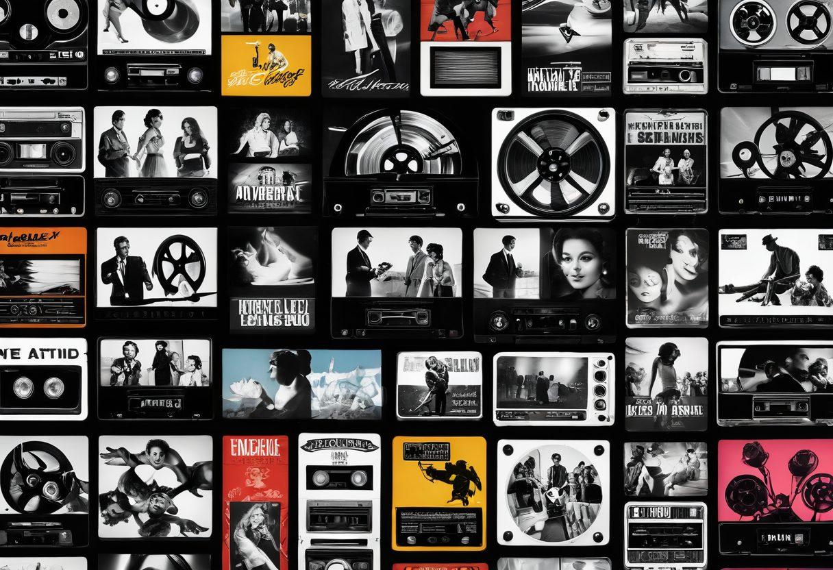 A dynamic collage depicting the evolution of adult entertainment, featuring iconic vintage film reels, grainy black and white footage, and colorful modern streaming screens. Incorporate elements of nostalgic retro aesthetics transitioning into sleek digital devices, with an interplay of shadows and highlights illustrating the passage of time. Include symbolic references like old-fashioned movie posters and contemporary smartphones. vibrant colors. super-realistic.